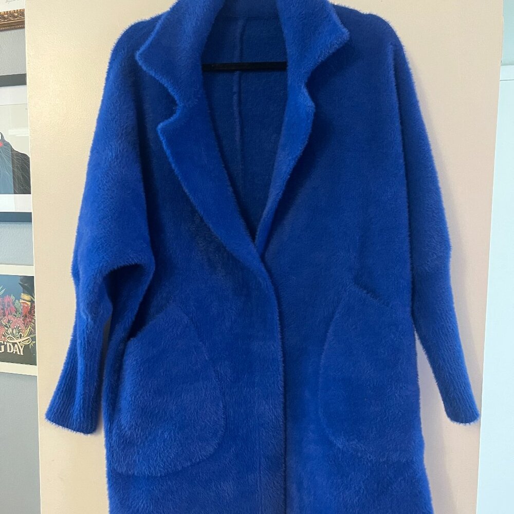 Bright blue fuzzy jacket/cardigan